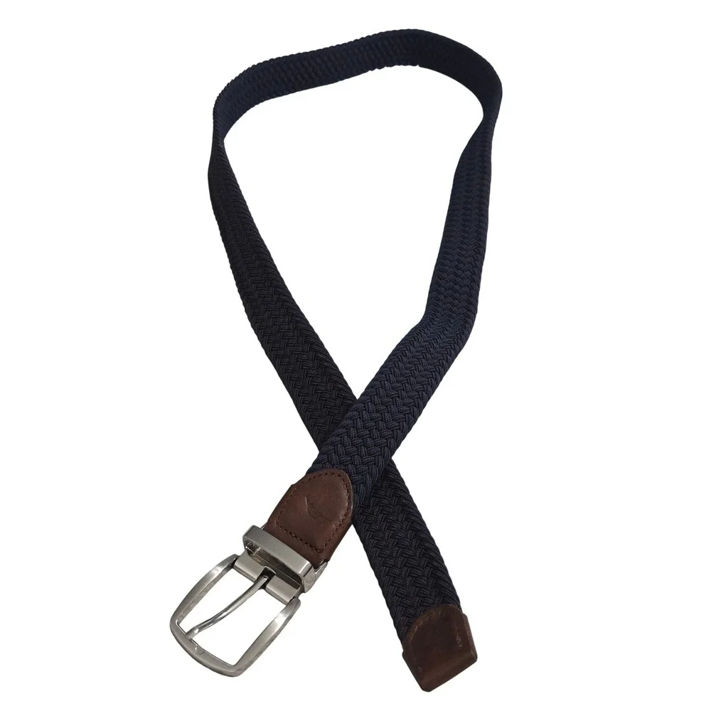 Nautica Mens Braided Stretch Belt‎ Navy Blue Brown Leather Trim L/XL 11TM030007